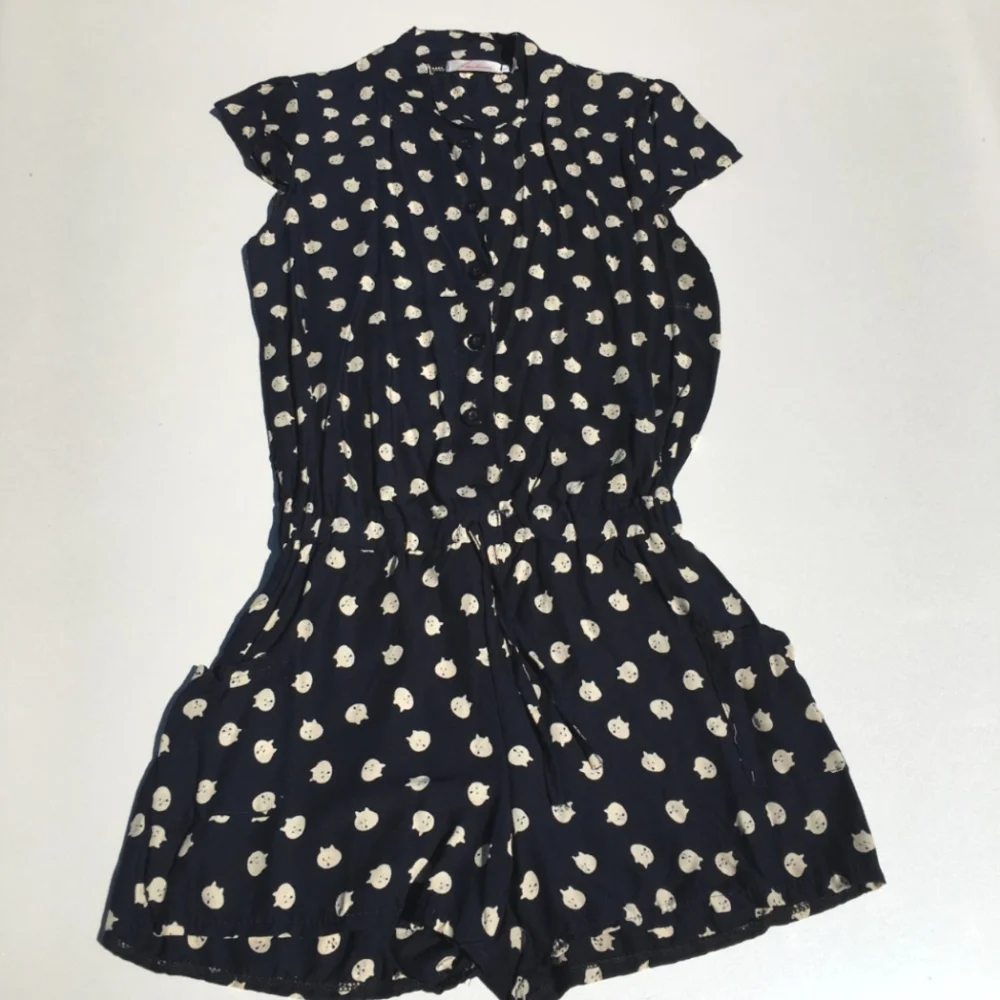 Kitten Face Polka Cat Shorts Romper Jumpsuit Size L (Fits like Small) Navy Blue - Picture 1 of 4